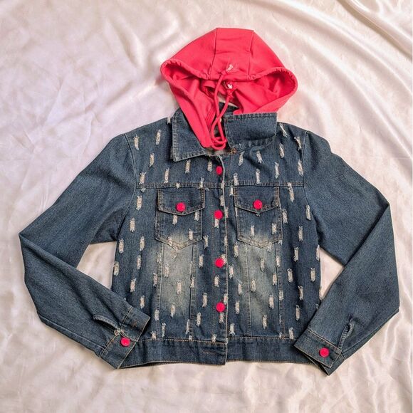 Girl's Jean Denim Jacket Frayed Pink Buttons Detachable Hood Large - Picture 1 of 2